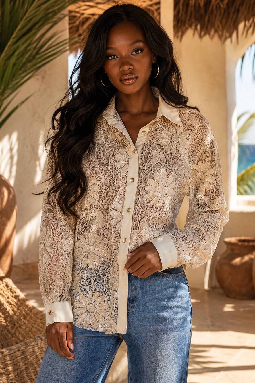 NEW SURELYMINE floral lace contrast button-up blouse in cream